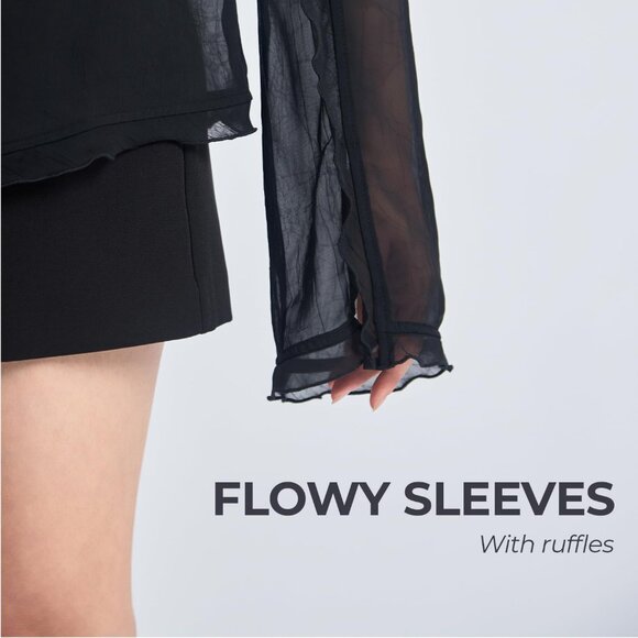 Womens Black Sheer Mesh Tie Front Lace V Neck Ruffle Slim Fit Summer Blouse - Picture 6 of 6